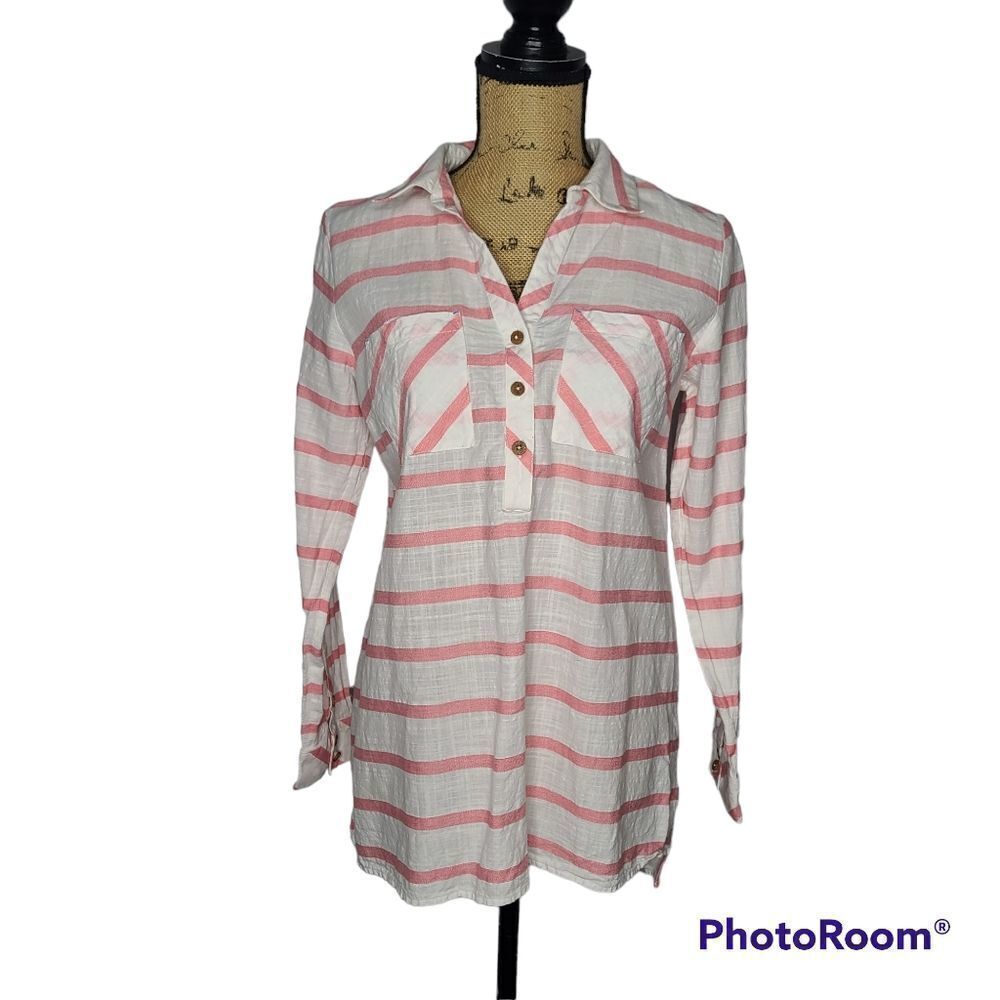 Soft Surroundings Pink & White Striped Coastal Grandma Casual Shirt Small